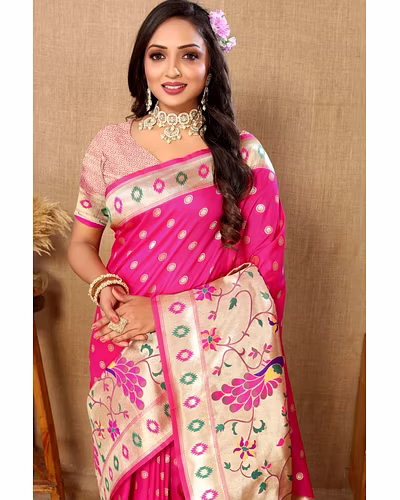 Soft Paithani Silk Saree with Meenakari Design, Zari Border &amp; Silk Blouse Piece-Pink-1