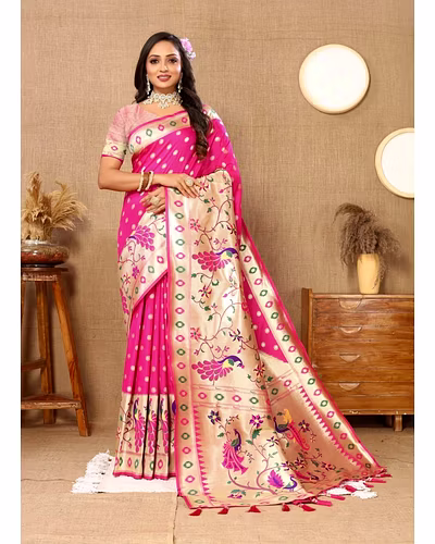 Soft Paithani Silk Saree with Meenakari Design, Zari Border &amp; Silk Blouse Piece-Pink-2