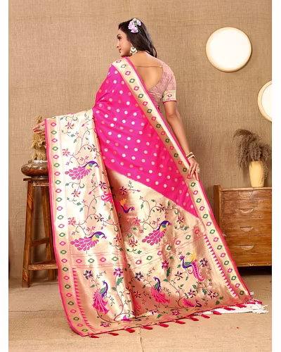 Soft Paithani Silk Saree with Meenakari Design, Zari Border &amp; Silk Blouse Piece-Pink-3
