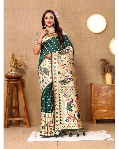 Soft Paithani Silk Saree with Meenakari Design, Zari Border &amp; Silk Blouse Piece-RMNX-302-Green