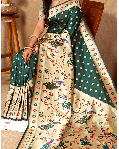Soft Paithani Silk Saree with Meenakari Design, Zari Border &amp; Silk Blouse Piece-Green-2