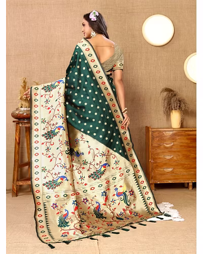Soft Paithani Silk Saree with Meenakari Design, Zari Border &amp; Silk Blouse Piece-Green-3
