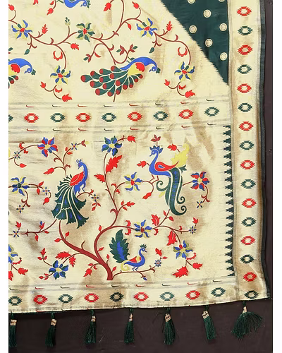 Soft Paithani Silk Saree with Meenakari Design, Zari Border &amp; Silk Blouse Piece-Green-4