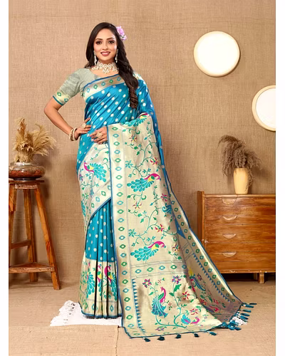 Soft Paithani Silk Saree with Meenakari Design, Zari Border &amp; Silk Blouse Piece-RMNX-302-Firozi
