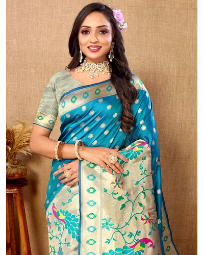 Soft Paithani Silk Saree with Meenakari Design, Zari Border &amp; Silk Blouse Piece-Firozi-1