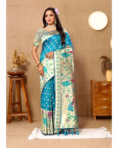 Soft Paithani Silk Saree with Meenakari Design, Zari Border &amp; Silk Blouse Piece-Firozi-2