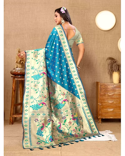 Soft Paithani Silk Saree with Meenakari Design, Zari Border &amp; Silk Blouse Piece-Firozi-4