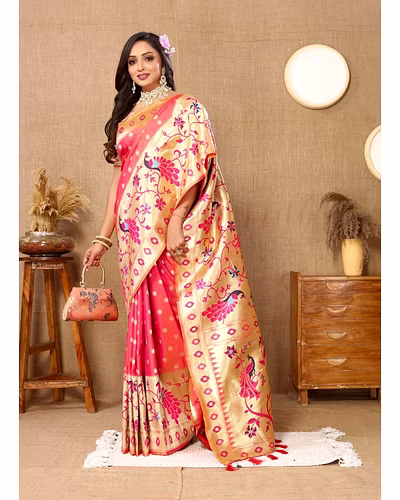 Soft Paithani Silk Saree with Meenakari Design, Zari Border &amp; Silk Blouse Piece-RMNX-302-Peach
