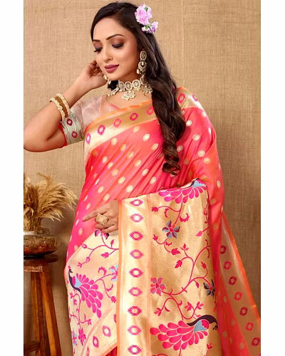 Soft Paithani Silk Saree with Meenakari Design, Zari Border &amp; Silk Blouse Piece-Peach-2