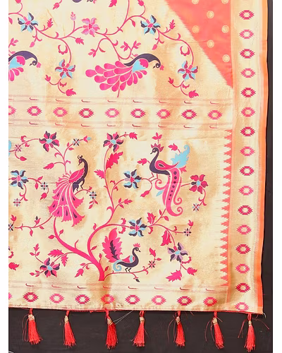Soft Paithani Silk Saree with Meenakari Design, Zari Border &amp; Silk Blouse Piece-Peach-4
