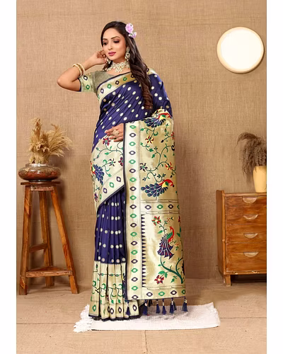 Soft Paithani Silk Saree with Meenakari Design, Zari Border &amp; Silk Blouse Piece-RMNX-302-NavyBlue