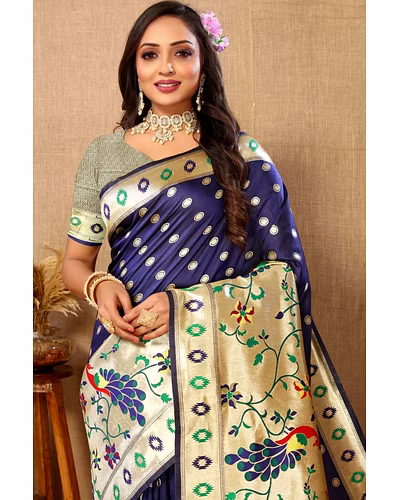 Soft Paithani Silk Saree with Meenakari Design, Zari Border &amp; Silk Blouse Piece-Navy Blue-1