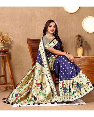 Soft Paithani Silk Saree with Meenakari Design, Zari Border &amp; Silk Blouse Piece-Navy Blue-2