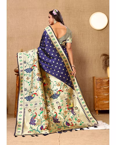 Soft Paithani Silk Saree with Meenakari Design, Zari Border &amp; Silk Blouse Piece-Navy Blue-3