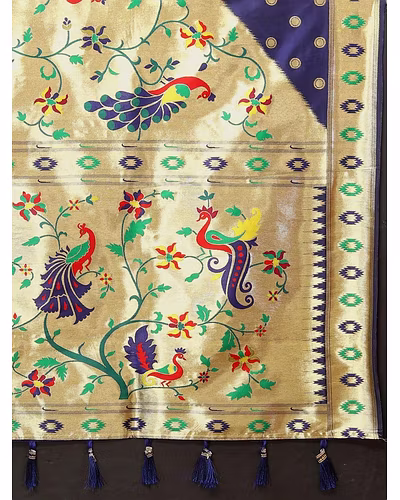 Soft Paithani Silk Saree with Meenakari Design, Zari Border &amp; Silk Blouse Piece-Navy Blue-4