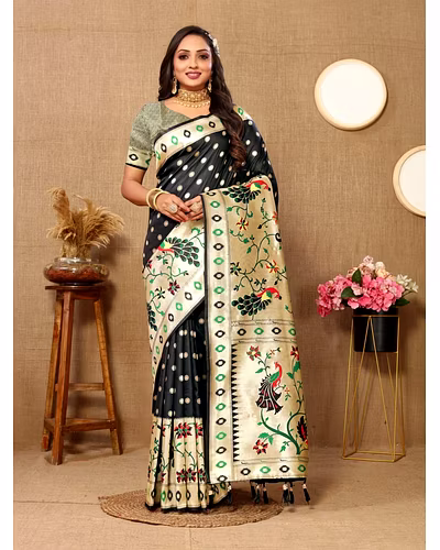 Soft Paithani Silk Saree with Meenakari Design, Zari Border &amp; Silk Blouse Piece-RMNX-302-Black