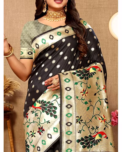 Soft Paithani Silk Saree with Meenakari Design, Zari Border &amp; Silk Blouse Piece-Black-1