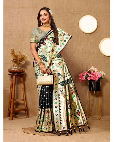 Soft Paithani Silk Saree with Meenakari Design, Zari Border &amp; Silk Blouse Piece-Black-2