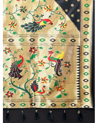 Soft Paithani Silk Saree with Meenakari Design, Zari Border &amp; Silk Blouse Piece-Black-4
