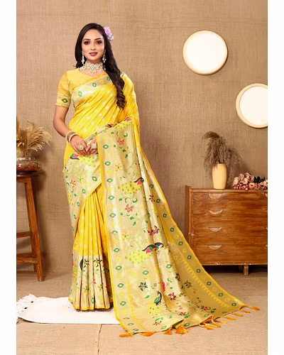 Soft Paithani Silk Saree with Meenakari Design, Zari Border &amp; Silk Blouse Piece-RMNX-302-Yellow