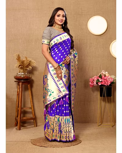 Soft Paithani Silk Saree with Meenakari Design, Zari Border &amp; Silk Blouse Piece-RMNX-302-Purple