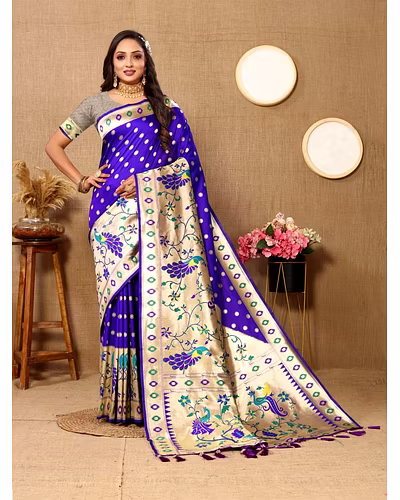 Soft Paithani Silk Saree with Meenakari Design, Zari Border &amp; Silk Blouse Piece-Purple-1