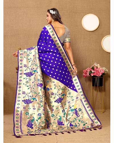 Soft Paithani Silk Saree with Meenakari Design, Zari Border &amp; Silk Blouse Piece-Purple-2