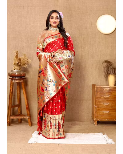 Soft Paithani Silk Saree with Meenakari Design, Zari Border &amp; Silk Blouse Piece-RMNX-302-Red