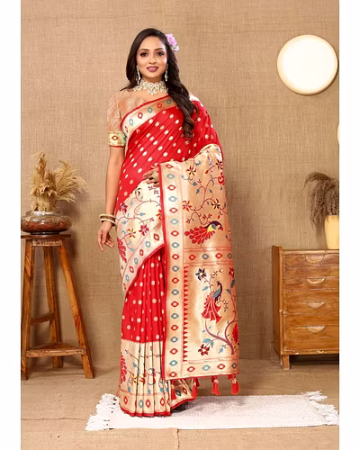 Soft Paithani Silk Saree with Meenakari Design, Zari Border &amp; Silk Blouse Piece-Red-1