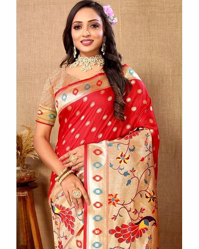 Soft Paithani Silk Saree with Meenakari Design, Zari Border &amp; Silk Blouse Piece-Red-2