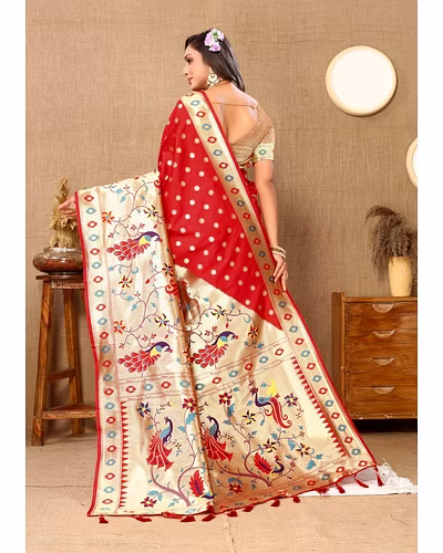 Soft Paithani Silk Saree with Meenakari Design, Zari Border &amp; Silk Blouse Piece-Red-3