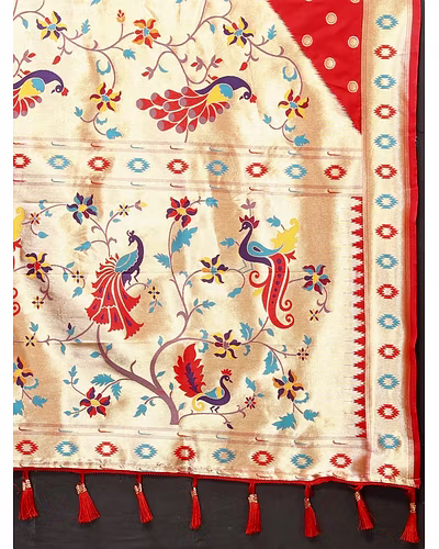 Soft Paithani Silk Saree with Meenakari Design, Zari Border &amp; Silk Blouse Piece-Red-4