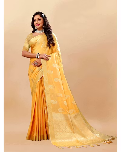 Soft Cotton Saree with Rich Zari Weaving Pallu, Contrast Border, and Silk Blouse Piece-Yellow-1