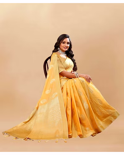 Soft Cotton Saree with Rich Zari Weaving Pallu, Contrast Border, and Silk Blouse Piece-Yellow-2