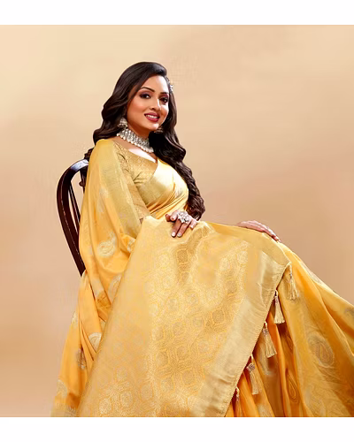 Soft Cotton Saree with Rich Zari Weaving Pallu, Contrast Border, and Silk Blouse Piece-Yellow-3