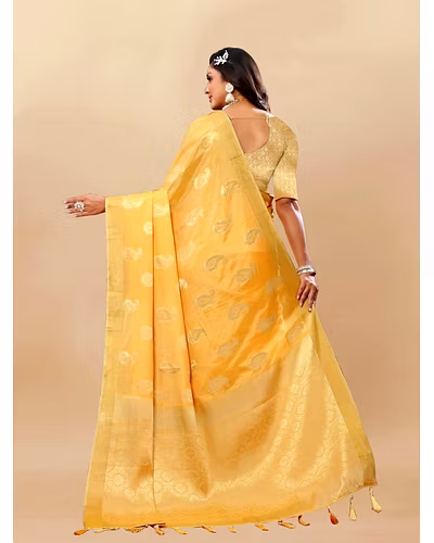 Soft Cotton Saree with Rich Zari Weaving Pallu, Contrast Border, and Silk Blouse Piece-Yellow-4