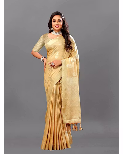 Soft Cotton Saree with Rich Zari Weaving Pallu, Contrast Border, and Silk Blouse Piece-Beige-1
