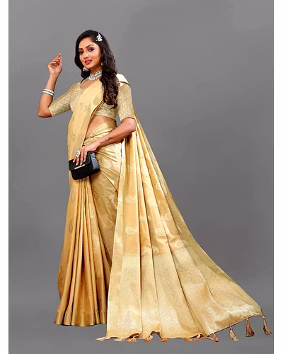 Soft Cotton Saree with Rich Zari Weaving Pallu, Contrast Border, and Silk Blouse Piece-Beige-2