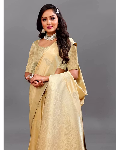 Soft Cotton Saree with Rich Zari Weaving Pallu, Contrast Border, and Silk Blouse Piece-Beige-3