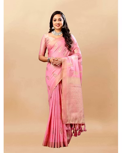Soft Cotton Saree with Rich Zari Weaving Pallu, Contrast Border, and Silk Blouse Piece-RMNX-303-Pink