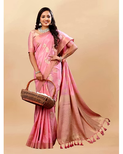 Soft Cotton Saree with Rich Zari Weaving Pallu, Contrast Border, and Silk Blouse Piece-Pink-2