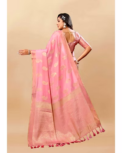 Soft Cotton Saree with Rich Zari Weaving Pallu, Contrast Border, and Silk Blouse Piece-Pink-4