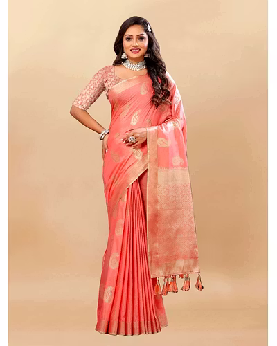 Soft Cotton Saree with Rich Zari Weaving Pallu, Contrast Border, and Silk Blouse Piece-RMNX-303-Peach