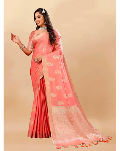 Soft Cotton Saree with Rich Zari Weaving Pallu, Contrast Border, and Silk Blouse Piece-Peach-1