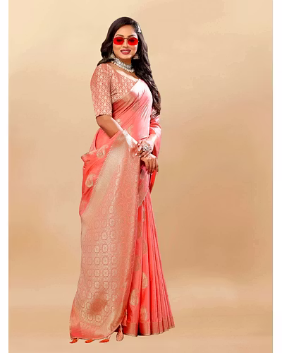 Soft Cotton Saree with Rich Zari Weaving Pallu, Contrast Border, and Silk Blouse Piece-Peach-2