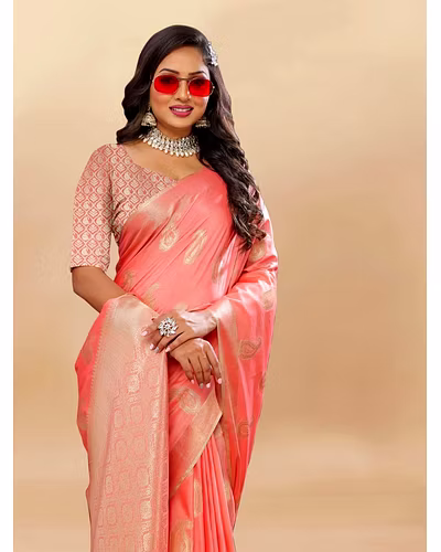 Soft Cotton Saree with Rich Zari Weaving Pallu, Contrast Border, and Silk Blouse Piece-Peach-3