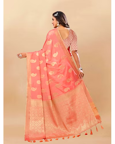 Soft Cotton Saree with Rich Zari Weaving Pallu, Contrast Border, and Silk Blouse Piece-Peach-4