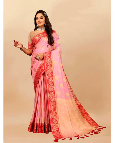 Soft Cotton Saree with Rich Zari Weaving Pallu, Contrast Border, and Silk Blouse Piece-RMNX-304-Pink