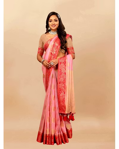 Soft Cotton Saree with Rich Zari Weaving Pallu, Contrast Border, and Silk Blouse Piece-Pink-1