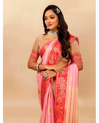 Soft Cotton Saree with Rich Zari Weaving Pallu, Contrast Border, and Silk Blouse Piece-Pink-2